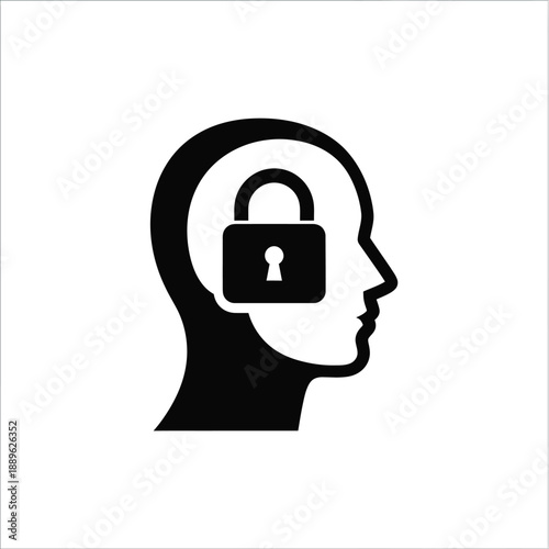 Head silhouette with a padlock inside representing mind security mental privacy or secret thoughts locked away confidential information concept protected memory access control