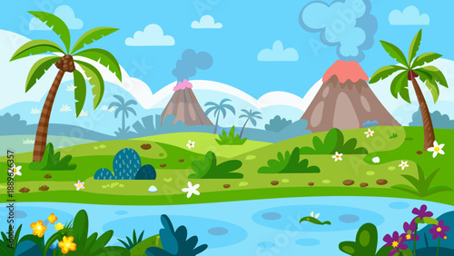 A vibrant cartoon scene depicting a prehistoric landscape with volcanoes and palm trees