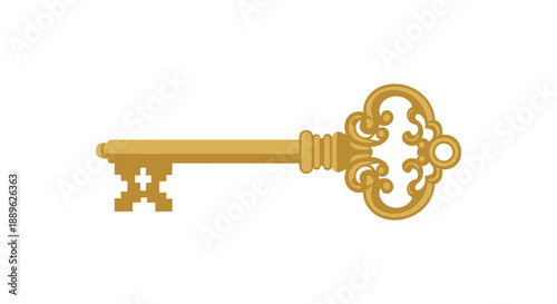 An ornate golden key is prominently displayed against a pure white background symbolizing access mystery and potential