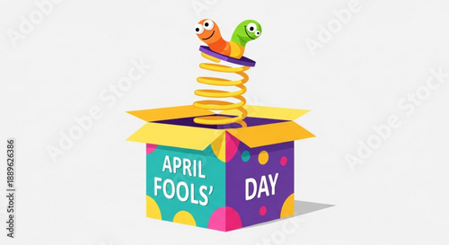 Colorful april fools' day box with spring loaded worms emerging
