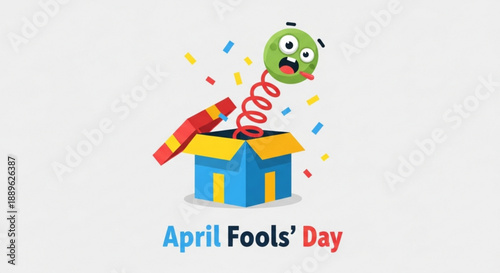 Colorful april fools' day illustration with surprised green character popping out of a blue and yellow box