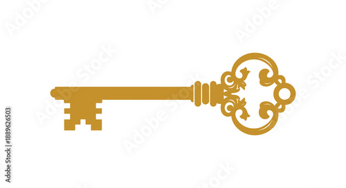A detailed illustration of a vintage golden key with intricate ornamental designs and a classic shape is depicted