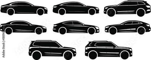 Car silhouette set collection, sedan and SUV vehicle icons, black transport shapes for automotive design, vector illustration, isolated
