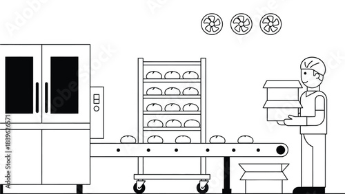 A cartoon illustration of a worker packaging bread in a factory setting