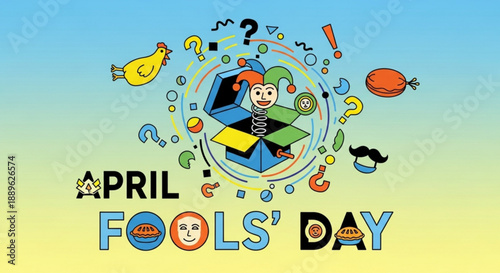 April fools' day colorful illustration with jester and symbols on blue yellow gradient background