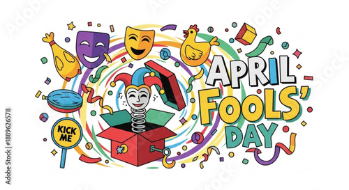 Colorful april fools' day illustration with jester comedy masks confetti and festive decorations