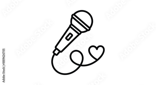 A simple black and white line illustration depicts a microphone with a cable forming heart shapes below