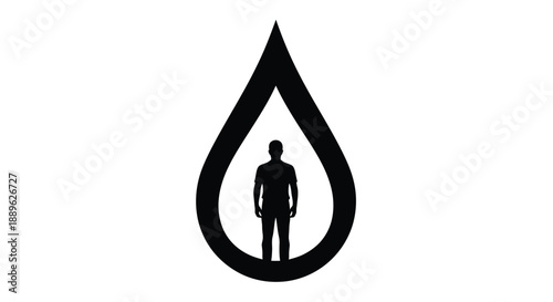 A small human figure stands within a droplet stark black silhouette