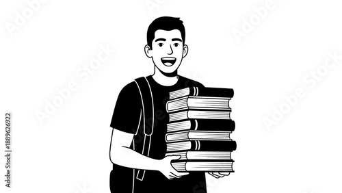 A young man carrying a large stack of books with a happy expression