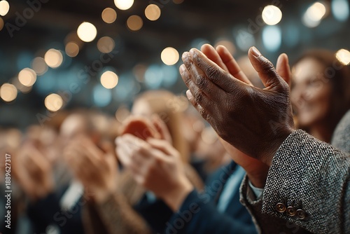 Diverse audience applauding in a modern conference setting with bokeh lights