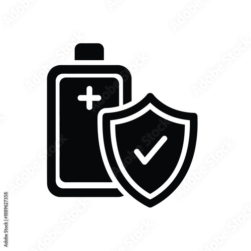Battery symbol with plus sign next to shield icon with check mark indicating approved battery power safety and reliable charge level verification technology concept flat design vector