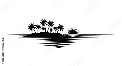 Tropical island with palm trees and a sunset black silhouette