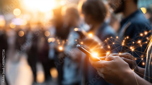 Crowd of people walking while looking at smartphones, orange light connecting them digitally