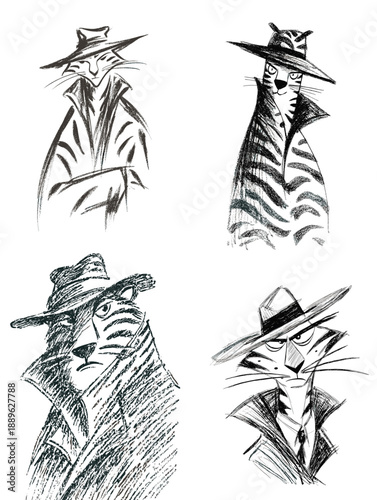 Hand drawn sketch illustrations of mysterious animal characters wearing hats and coats, blending noir style, anthropomorphic design, and expressive pencil line art.