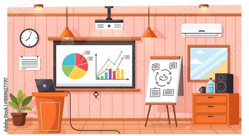 Presentation room with charts and projector