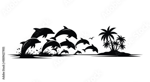 Tropical scene with leaping dolphins and palm trees a striking silhouette