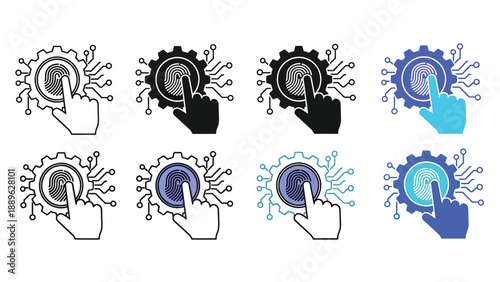 A collection of fingerprint icons with gears and circuit lines on a white background