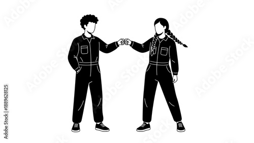 Two people in black jumpsuits bumping fists in a gesture of solidarity