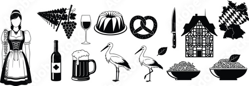 German Culture and Bavarian Tradition Icons Set Featuring Dirndl Dress Grapes Wine Beer Pretzel Half Timbered House and Stork Vector Illustration