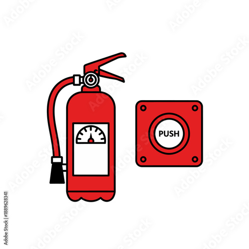 Essential fire safety equipment, featuring a vibrant red fire extinguisher and a push-button emergency alarm, crucial for preventing and managing incidents