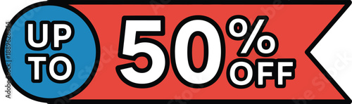 Up to 50 percent off sale badge, promotional discount label with ribbon for ecommerce marketing, retail sales and advertising design, vector illustration