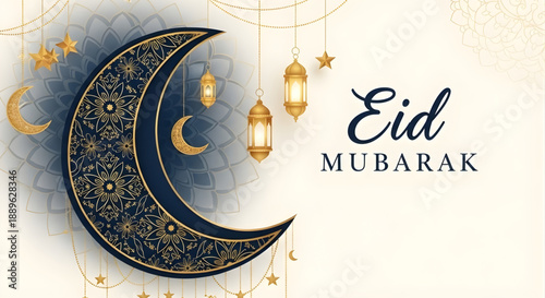 Eid mubarak greeting with crescent moon and lanterns