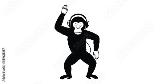 A playful monkey dances with headphones on captured in a striking black and white silhouette high quality professional detailed modern elegant