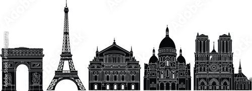 Paris France Landmarks Silhouette Set Featuring Eiffel Tower Arc de Triomphe Notre Dame Cathedral Sacre Coeur Basilica and Palais Garnier Opera House