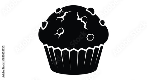 A striking black silhouette of a chocolate muffin with visible crumbs depicted against a clean white background silhouette high quality professional