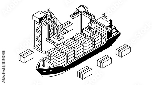 A cargo ship loaded with containers on an orange background