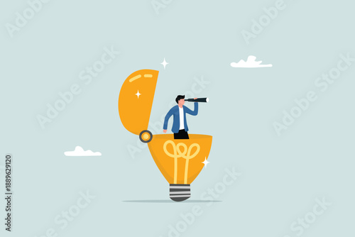 Creativity to see business opportunities, vision to find new solutions or ideas, looking for the concept of success, entrepreneurs open the light bulb and use binoculars to see the business vision.