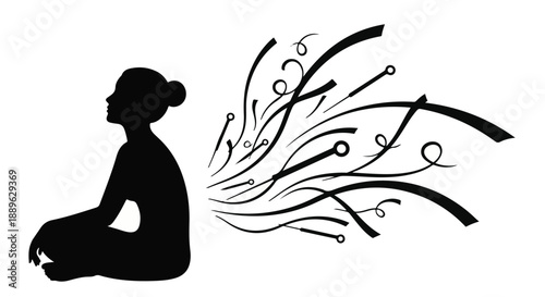 Silhouette of a person meditating with abstract digital lines flowing outwards, symbolizing connection and ideas.