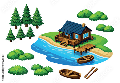 Isometric cartoon nature landscape set featuring a lakeside cabin with a dock, boats, pine trees, and bushes for outdoor recreation and game design