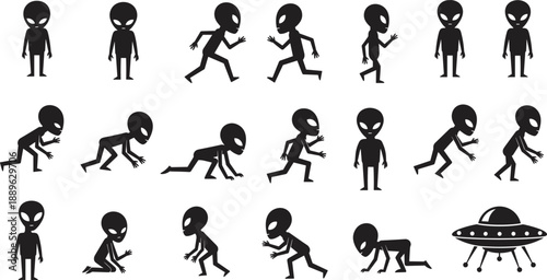 WebCollection of extraterrestrial alien silhouettes in various poses including walking running and crawling with a flying saucer UFO icon isolated on white background for sci-fi and space design.