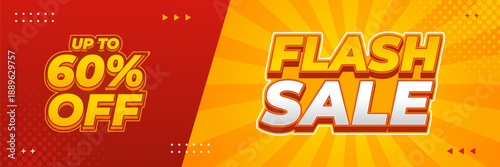 Flash Sale banner with orange-yellow comic sunburst background, up to 60% off, suitable for sales promotion, marketing ads, social media, online store, event, web, and header