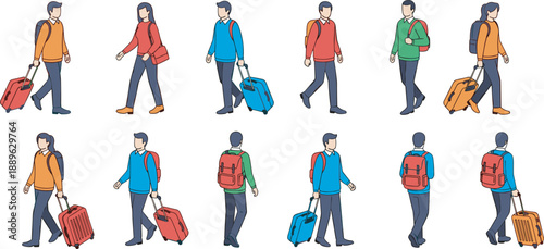 Collection of flat vector traveler icons featuring men and women with backpacks and rolling suitcases in various walking poses for travel and tourism designs.