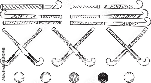 Collection of professional field hockey equipment illustrations featuring various sticks with textured grips and different ball styles isolated on white background for sports design.