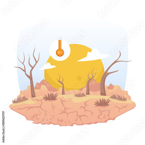 Drought Disaster with Cracked Land and Extreme Heat Vector Illustration