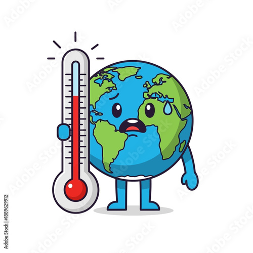 Sad Earth Character Sweating Next to Thermometer, Global Warming Concept