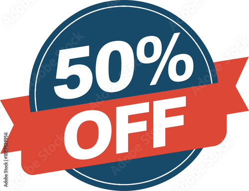 50 percent off discount badge, clean promotional label for flash sales, ecommerce marketing and advertising design, vector illustration