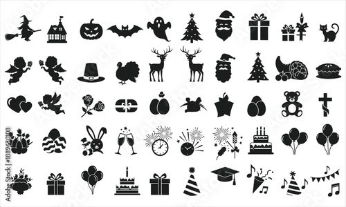 Holiday and Celebration Silhouettes Set – Halloween, Christmas, Easter, Birthday Icons Vector