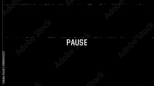 4K VHS video tape pause screen overlay with static distortion, analog noise, and timestamp, black background visual effect loop 4k video animation seamless loop