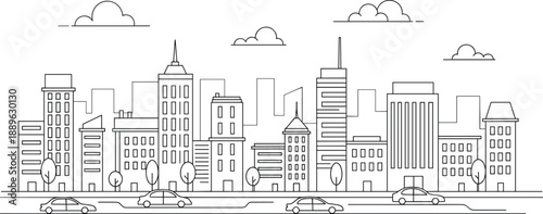 Modern city skyline vector illustration, urban landscape with buildings and cars in linear flat design, black and white sketch style.