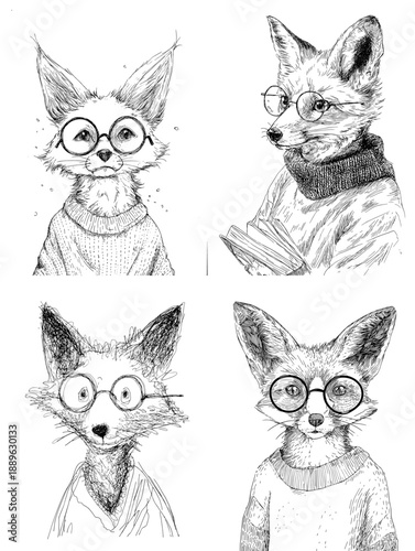 Playful pencil sketches of cats wearing glasses, illustrated with humorous expressions and charming hand drawn cartoon style.
