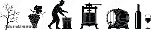 Vintage winemaking process set showing grapevine growth harvesting crushing pressing aging in wooden barrels and final bottled red wine product