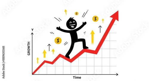 Man Climbing Upward Red Arrow Graph Showing Financial Growth.