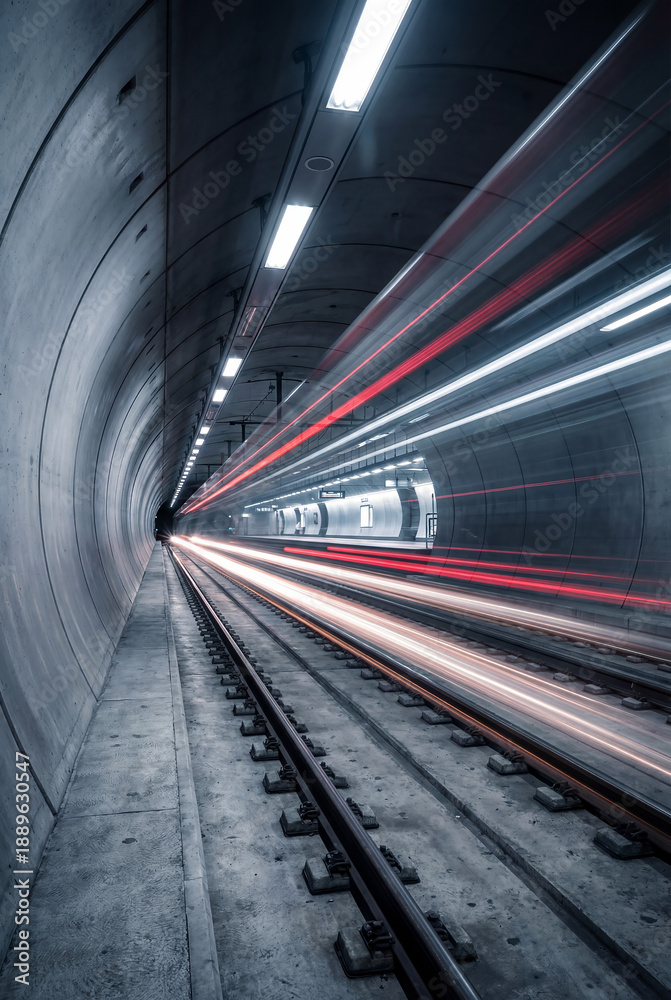 Obraz premium Subway Tunnel with Motion Blur Light Trails as Train Arrives