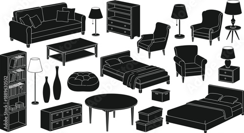 Modern Home Furniture Silhouette Vector Set with Sofa, Bed, Table, And Lamp Icons for Interior Design And House Furnishing.