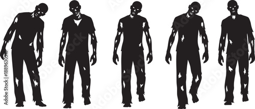 Set of five scary zombie silhouettes in tattered clothes walking with eerie poses isolated on white background for horror themes Halloween concepts and undead apocalypse art.