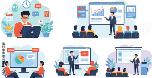 Professional business education and corporate training set featuring office seminars, data analysis presentations, remote learning, and strategic team workshops.